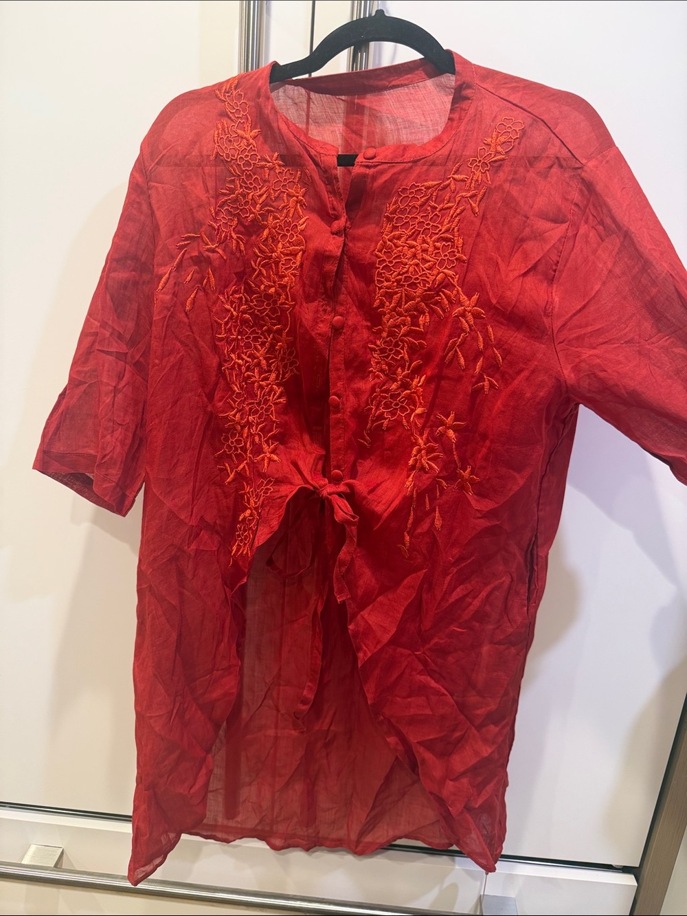 Women's Red Embroidered Tie-Front Top